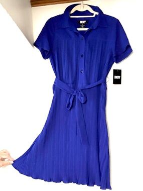 NWT Dress DKNY Cobalt Electric Blue Pleated Shirt Dress with Tie Belt NWT